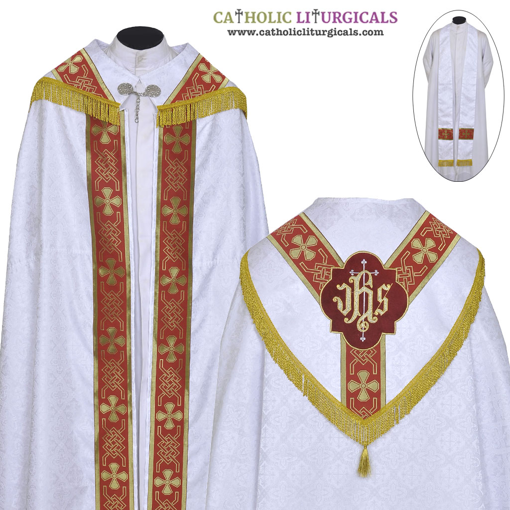 Cope Vestment&nbsp;White Cope with Red Orphreys & Stole Set